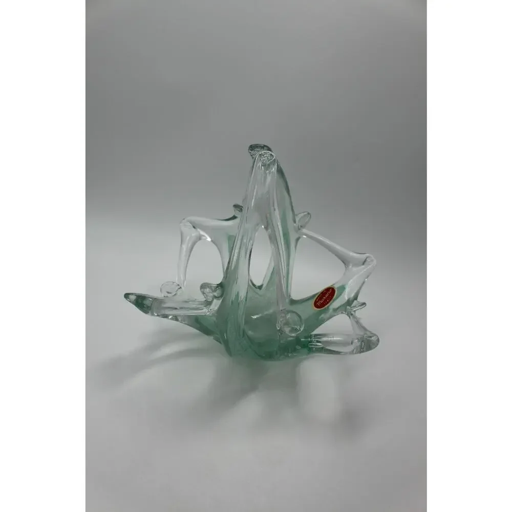 Vtg Murano Art Glass Green Hand Blown Stretched‎ Starfish Gazer Basket w/ Label